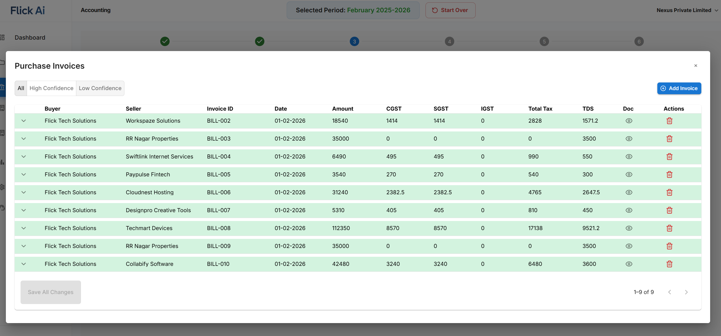 Flick AI parsed invoice review screen